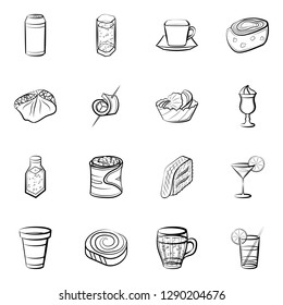 Drinks and Snacks set. Background for printing, design, web. Usable as icons. Monochrome binary, black and white.