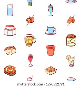Drinks and Snacks set. Background for printing, design, web. Usable as icons. Seamless. Colored.