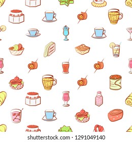 Drinks and Snacks set. Background for printing, design, web. Usable as icons. Seamless. Colored.