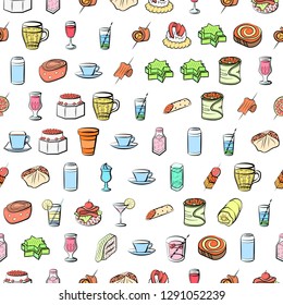 Drinks and Snacks set. Background for printing, design, web. Usable as icons. Seamless. Colored.