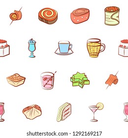 Drinks and Snacks set. Background for printing, design, web. Usable as icons. Seamless. Colored.