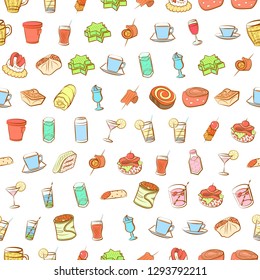 Drinks and Snacks set. Background for printing, design, web. Usable as icons. Seamless. Colored.