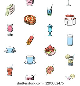 Drinks and Snacks set. Background for printing, design, web. Usable as icons. Seamless. Colored.