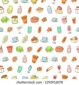 Drinks and Snacks set. Background for printing, design, web. Usable as icons. Seamless. Colored.