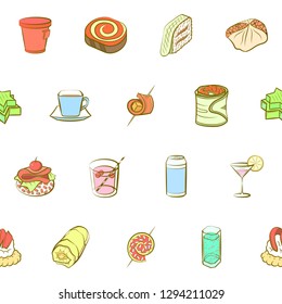 Drinks and Snacks set. Background for printing, design, web. Usable as icons. Seamless. Colored.