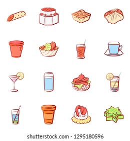 Drinks and Snacks set. Background for printing, design, web. Usable as icons. Colored.