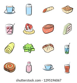 Drinks and Snacks set. Background for printing, design, web. Usable as icons. Colored.