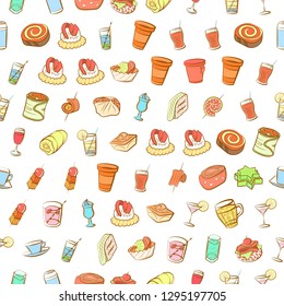 Drinks and Snacks set. Background for printing, design, web. Usable as icons. Seamless. Colored.