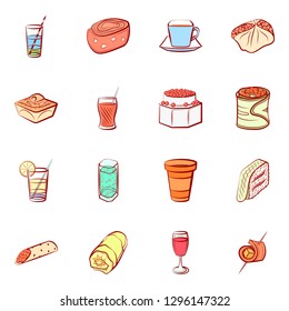 Drinks and Snacks set. Background for printing, design, web. Usable as icons. Colored.