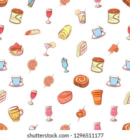 Drinks and Snacks set. Background for printing, design, web. Usable as icons. Seamless. Colored.