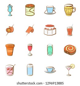 Drinks and Snacks set. Background for printing, design, web. Usable as icons. Colored.