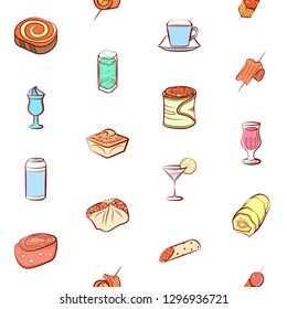 Drinks and Snacks set. Background for printing, design, web. Usable as icons. Seamless. Colored.