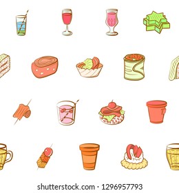 Drinks and Snacks set. Background for printing, design, web. Usable as icons. Seamless. Colored.