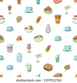 Drinks and Snacks set. Background for printing, design, web. Usable as icons. Seamless. Colored.
