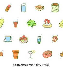 Drinks and Snacks set. Background for printing, design, web. Usable as icons. Seamless. Colored.