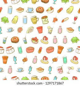 Drinks and Snacks set. Background for printing, design, web. Usable as icons. Seamless. Colored.