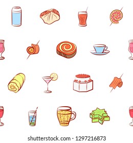 Drinks and Snacks set. Background for printing, design, web. Usable as icons. Seamless. Colored.