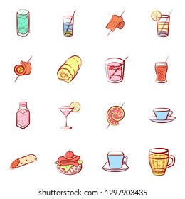Drinks and Snacks set. Background for printing, design, web. Usable as icons. Colored.