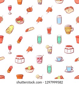 Drinks and Snacks set. Background for printing, design, web. Usable as icons. Seamless. Colored.