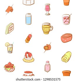 Drinks and Snacks set. Background for printing, design, web. Usable as icons. Seamless. Colored.