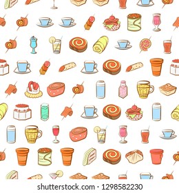 Drinks and Snacks set. Background for printing, design, web. Usable as icons. Seamless. Colored.