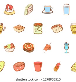 Drinks and Snacks set. Background for printing, design, web. Usable as icons. Seamless. Colored.
