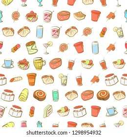 Drinks and Snacks set. Background for printing, design, web. Usable as icons. Seamless. Colored.
