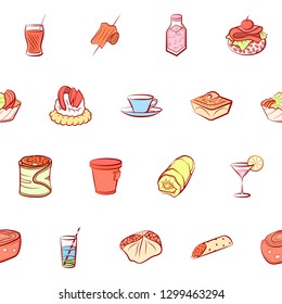 Drinks and Snacks set. Background for printing, design, web. Usable as icons. Seamless. Colored.