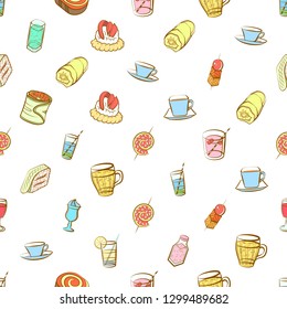 Drinks and Snacks set. Background for printing, design, web. Usable as icons. Seamless. Colored.