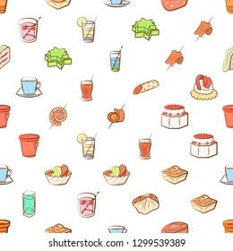 Drinks and Snacks set. Background for printing, design, web. Usable as icons. Seamless. Colored.