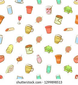 Drinks and Snacks set. Background for printing, design, web. Usable as icons. Seamless. Colored.