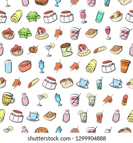 Drinks and Snacks set. Background for printing, design, web. Usable as icons. Seamless. Colored.