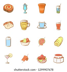 Drinks and Snacks set. Background for printing, design, web. Usable as icons. Colored.