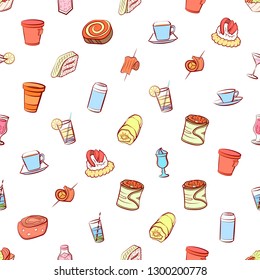 Drinks and Snacks set. Background for printing, design, web. Usable as icons. Seamless. Colored.