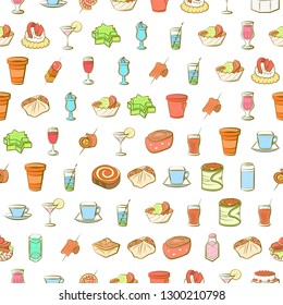 Drinks and Snacks set. Background for printing, design, web. Usable as icons. Seamless. Colored.