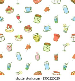 Drinks and Snacks set. Background for printing, design, web. Usable as icons. Seamless. Colored.
