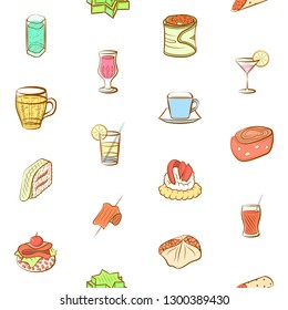 Drinks and Snacks set. Background for printing, design, web. Usable as icons. Seamless. Colored.