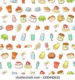 Drinks and Snacks set. Background for printing, design, web. Usable as icons. Seamless. Colored.