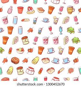 Drinks and Snacks set. Background for printing, design, web. Usable as icons. Seamless. Colored.