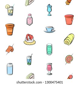 Drinks and Snacks set. Background for printing, design, web. Usable as icons. Seamless. Colored.