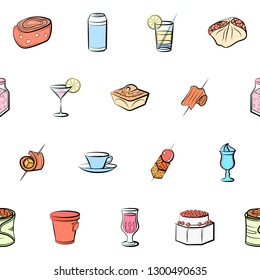 Drinks and Snacks set. Background for printing, design, web. Usable as icons. Seamless. Colored.