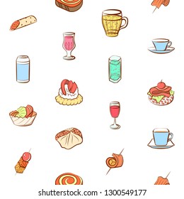 Drinks and Snacks set. Background for printing, design, web. Usable as icons. Seamless. Colored.