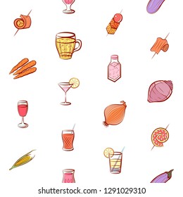 Drinks, Snacks and Vegetables set. Background for printing, design, web. Usable as icons. Seamless. Colored.
