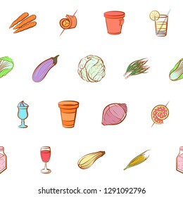 Drinks, Snacks and Vegetables set. Background for printing, design, web. Usable as icons. Seamless. Colored.