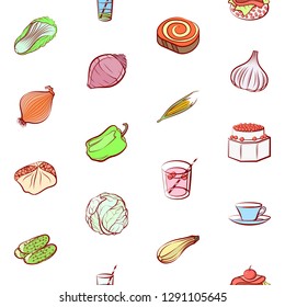 Drinks, Snacks and Vegetables set. Background for printing, design, web. Usable as icons. Seamless. Colored.