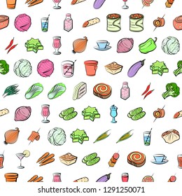 Drinks, Snacks and Vegetables set. Background for printing, design, web. Usable as icons. Seamless. Colored.