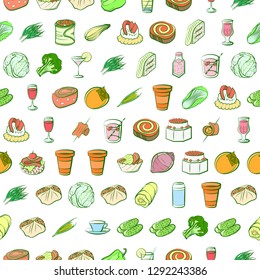 Drinks, Snacks and Vegetables set. Background for printing, design, web. Usable as icons. Seamless. Colored.