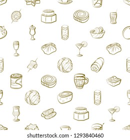 Drinks, Snacks and Vegetables set. Background for printing, design, web. Usable as icons. Seamless. Binary color.