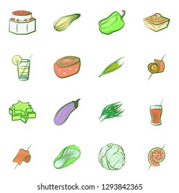 Drinks, Snacks and Vegetables set. Background for printing, design, web. Usable as icons. Colored.