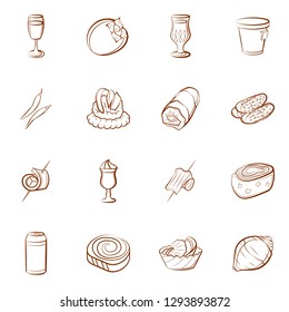 Drinks, Snacks and Vegetables set. Background for printing, design, web. Usable as icons. Binary color.